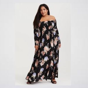 Torrid Black Floral Smocked Off Shoulder Maxi Dress